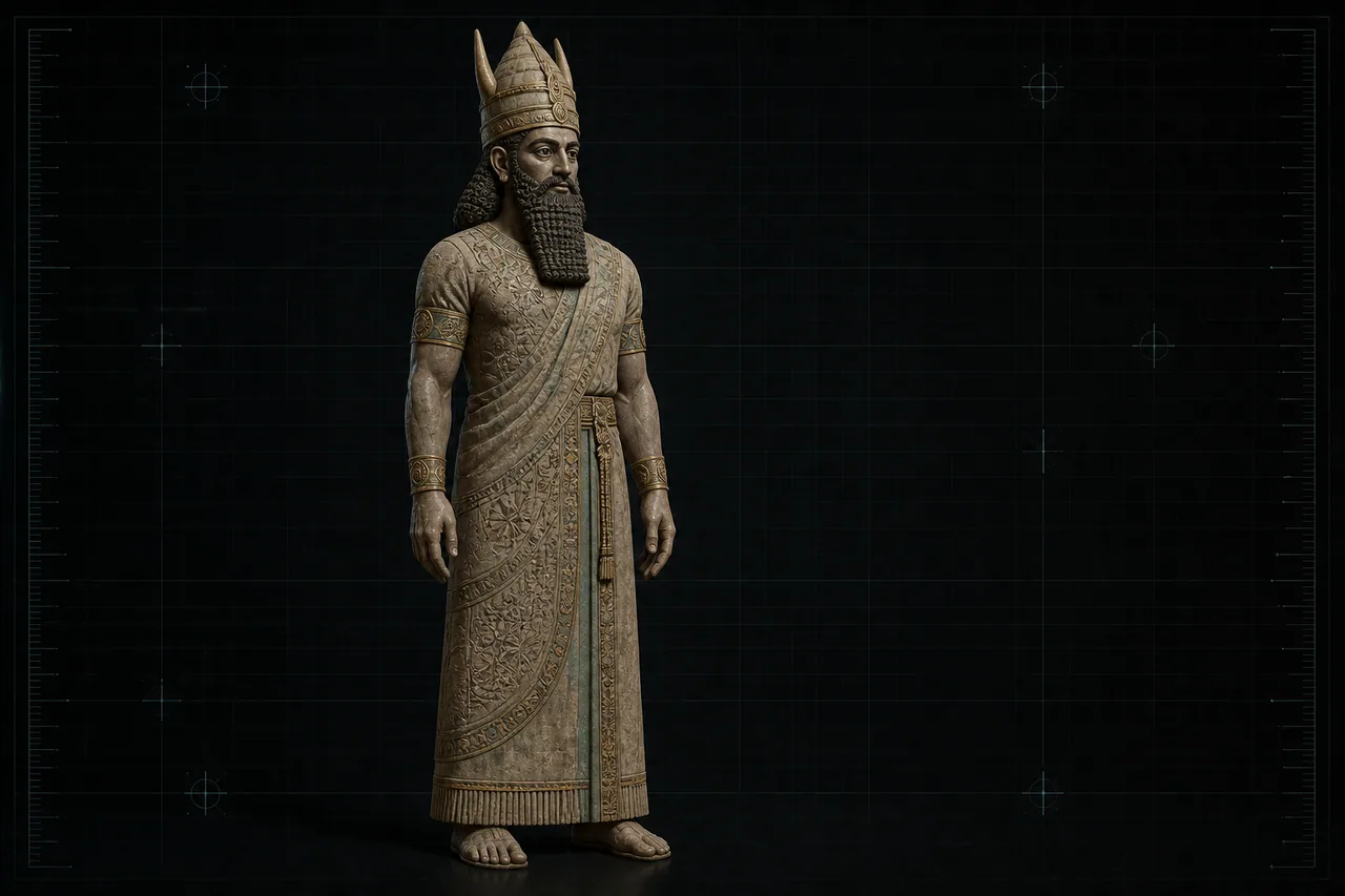 Ricostruzione museale di una divinità mesopotamica antropomorfa con veste e copricapo cornuto
